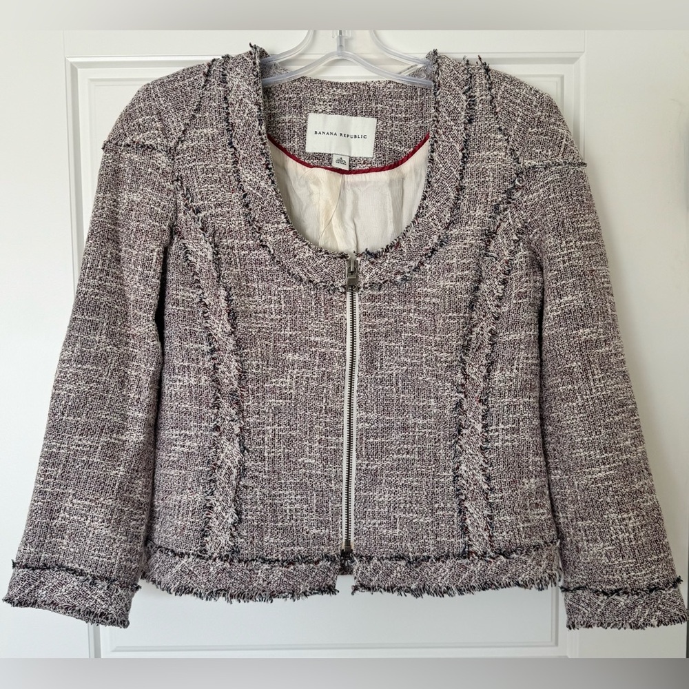 Banana Republic Jacket/Blazer Tweed 3/4 Sleeve Zip Cotton Blend Size 4‎ EUC